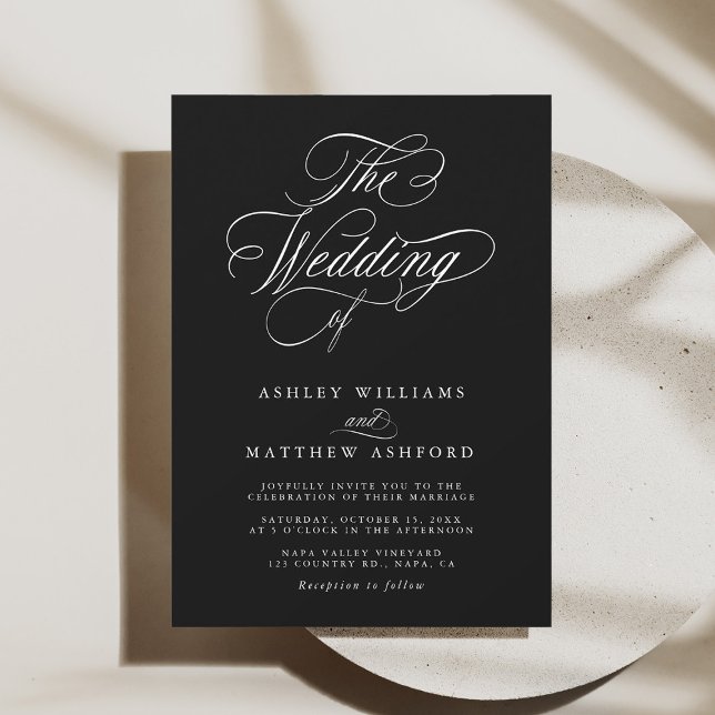 Romantic Swirly Calligraphy Black & White Wedding  Invitation (Creator Uploaded)