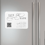 Romantic Swirly Calligraphy QR Code Save the Date Magnet<br><div class="desc">This romantic script save the date announcement magnet is perfect for a simple wedding. The minimalist black and white design features elegant and romantic swirly calligraphy lettering with a QR code.
For more advanced customisation of this design,  please click the BLUE DESIGN TOOL BUTTON above!</div>
