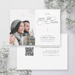 Romantic Swirly Calligraphy QR Code Wedding Photo Save The Date