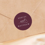 Romantic Swirly Calligraphy Wedding Burgundy Classic Round Sticker<br><div class="desc">This burgundy and white wedding sticker featuring elegant and romantic swirly calligraphy lettering with your names. For more advanced customisation of this design,  please click the BLUE DESIGN TOOL BUTTON above!</div>