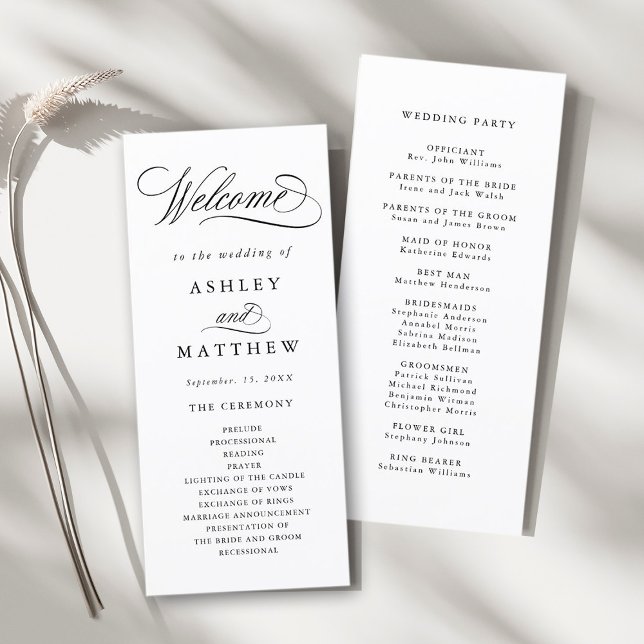 Romantic Swirly Calligraphy Wedding Ceremony Programme (Front & Back)
