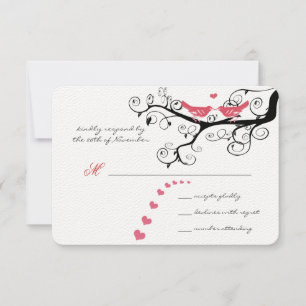 Romantic Swirly Pink Lovebird Tree Wedding RSVP Card