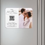 Romantic Swirly Script QR Code Save the Date Photo<br><div class="desc">This romantic script save the date announcement magnet is perfect for a simple wedding. The minimalist black and white design features elegant and romantic swirly calligraphy lettering with a QR code and a photo.
For more advanced customisation of this design,  please click the BLUE DESIGN TOOL BUTTON above!</div>