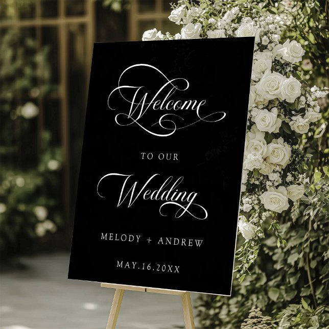 Romantic Swirly Script Wedding Welcome Black Acrylic Sign (Creator Uploaded)