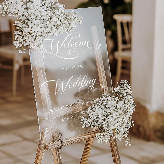 Romantic Swirly White Script Wedding Welcome Acrylic Sign (Creator Uploaded)