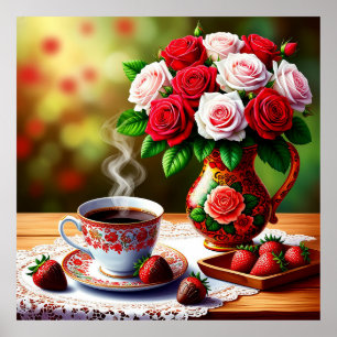 Romantic Table Setting with Roses, Coffee Poster