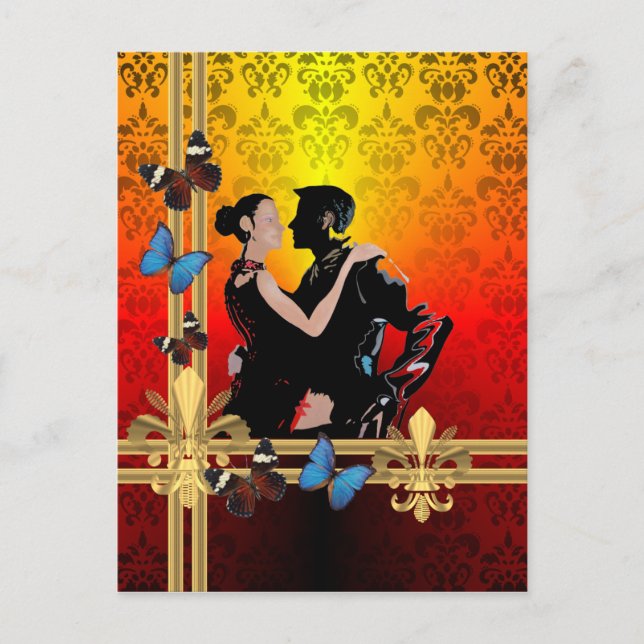 Romantic tango dancers on damask postcard (Front)