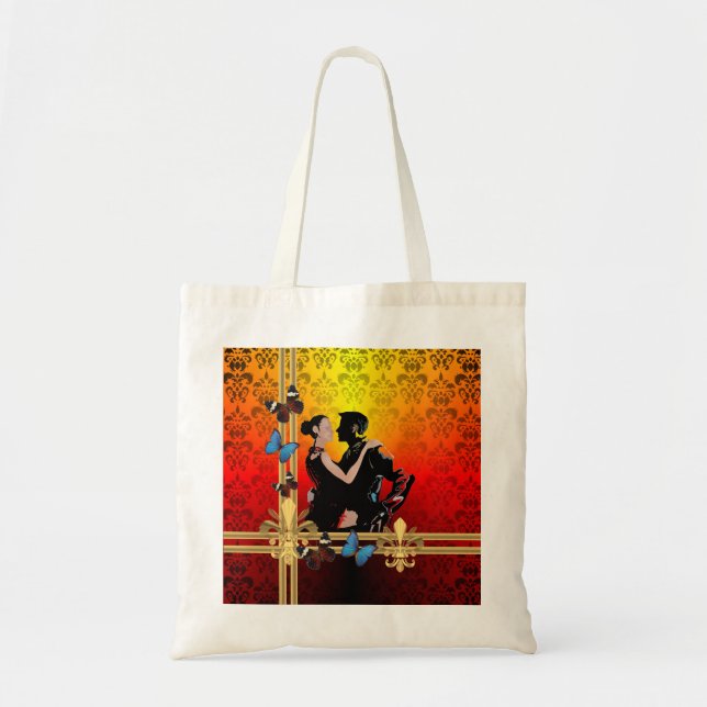 Romantic tango dancers on damask tote bag (Front)