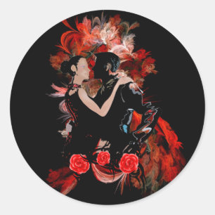 Romantic tango dancers on red fractal classic round sticker
