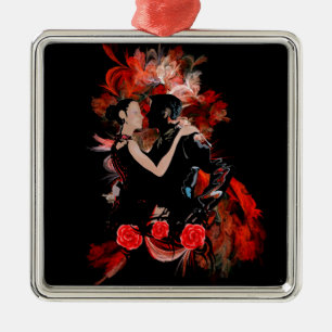 Romantic tango dancers on red fractal metal tree decoration