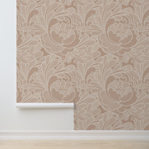 Romantic Taupe Lace Floral Pattern Wallpaper