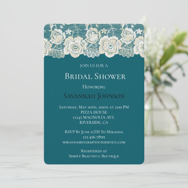 Romantic Teal Blue Floral Bridal Shower Invitation (Standing Front)