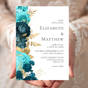 Romantic Teal Blue Gold Floral Wedding Invitation