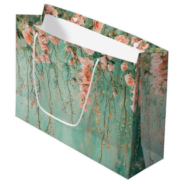 Romantic Teal Blush Flowers Wedding Large Gift Bag (Front Angled)