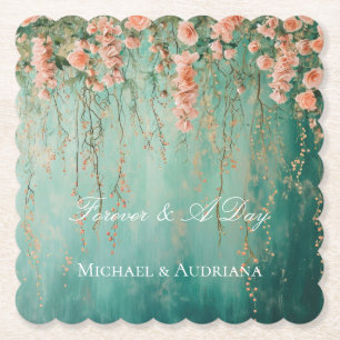 Romantic Teal Blush Peach Flowers Wedding Paper Coaster