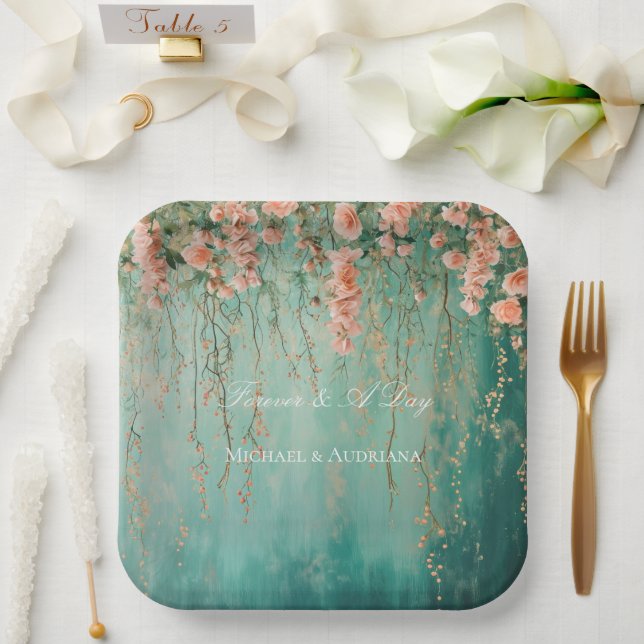 Romantic Teal Blush Peach Flowers Wedding Paper Plate (Wedding)