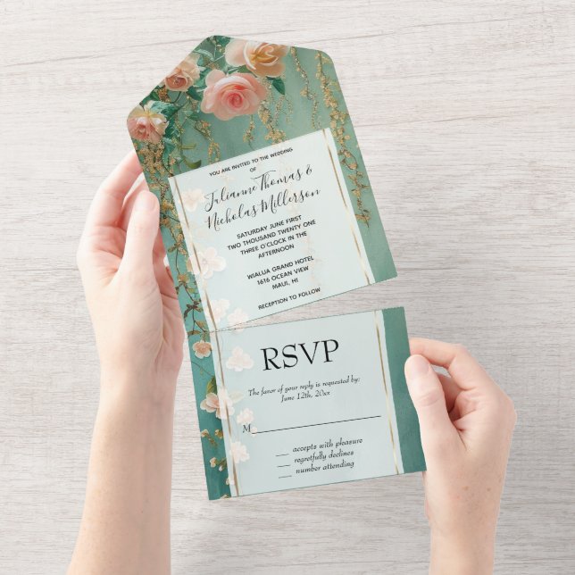 Romantic Teal Blush Peach Rose Floral Wedding All In One Invitation (Tearaway)