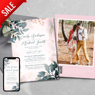 Romantic Teal Blush Photo Qr Code Rsvp Wedding Invitation