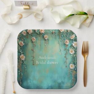 Romantic Teal Blush Pink Flowers Bridal Shower Paper Plate