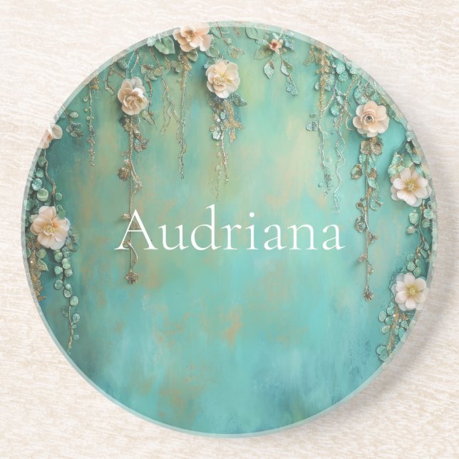 Romantic Teal Blush Pink Flowers  Coaster (Front)