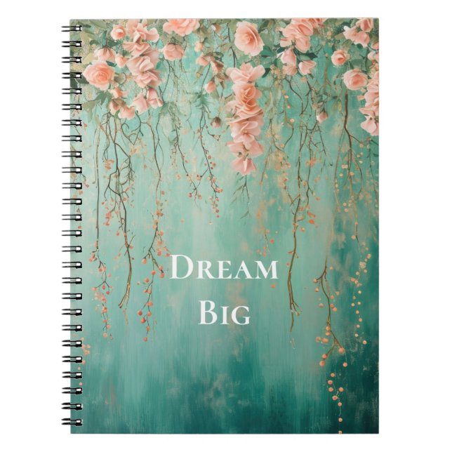 Romantic Teal Blush Pink Flowers Dream Notebook (Front)