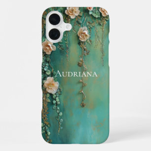 Romantic Teal Blush Pink Flowers iPhone 16 Plus Case