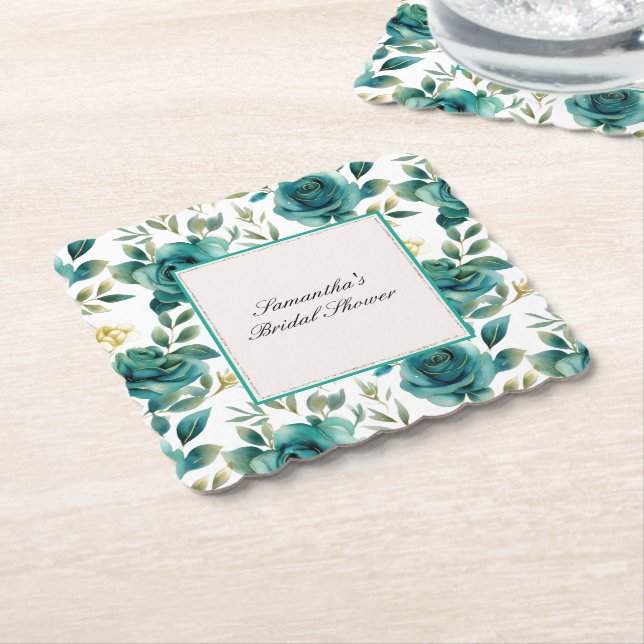 Romantic Teal Cream Rose Floral Bridal Shower Paper Coaster (Angled)