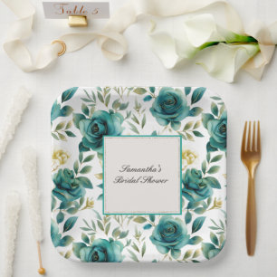 Romantic Teal Cream Rose Floral Bridal Shower Paper Plate