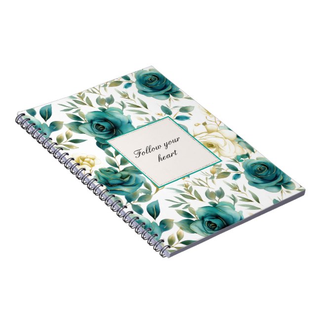 Romantic Teal Cream Rose Floral  Notebook (Right Side)