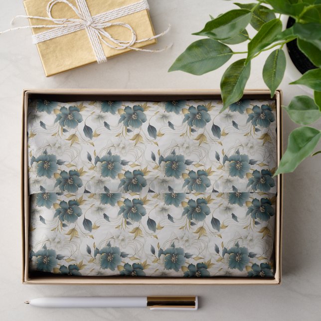Romantic Teal Green Cream Flowers Tissue Paper (Gift)