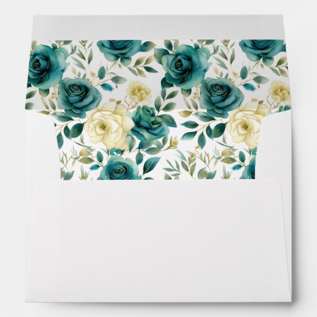 Romantic Teal Green Cream Rose Floral Envelope (Back (Bottom))