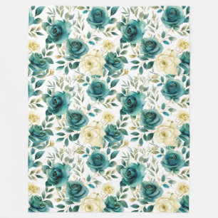 Romantic Teal Green Cream Rose Floral Fleece Blanket