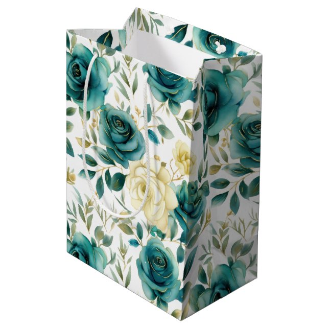 Romantic Teal Green Cream Rose Floral Medium Gift Bag (Back Angled)