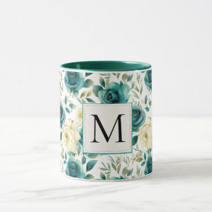 Romantic Teal Green Cream Rose Floral Monogram Mug