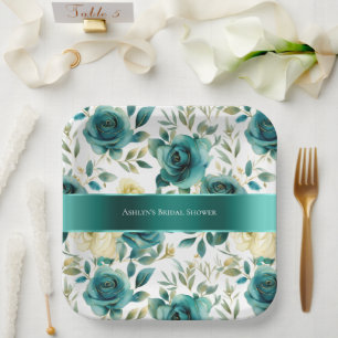 Romantic Teal Green Cream Rose Floral Paper Plate
