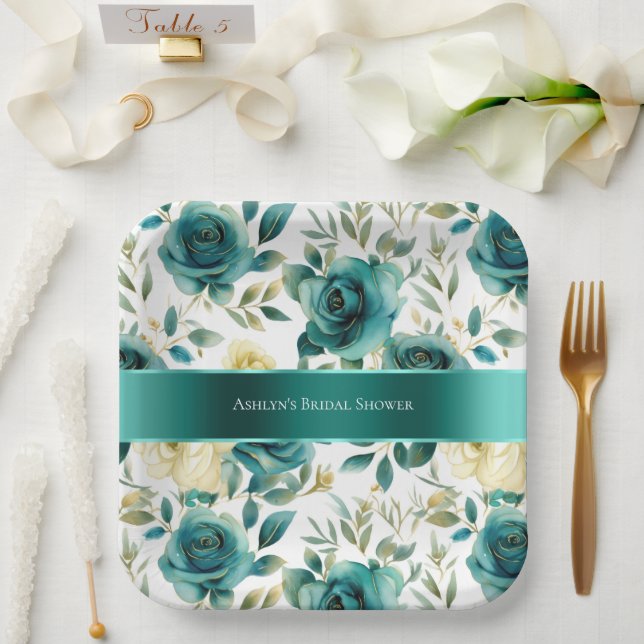 Romantic Teal Green Cream Rose Floral Paper Plate (Wedding)