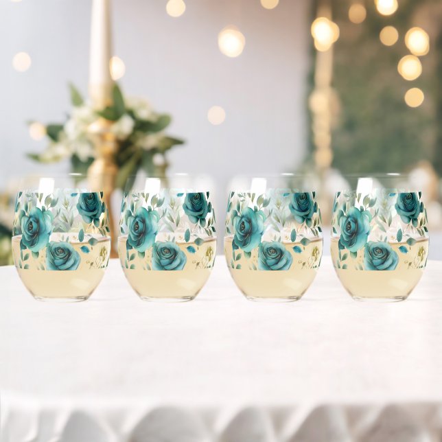 Romantic Teal Green Cream Rose Floral Stemless Wine Glass (Insitu (Wedding))