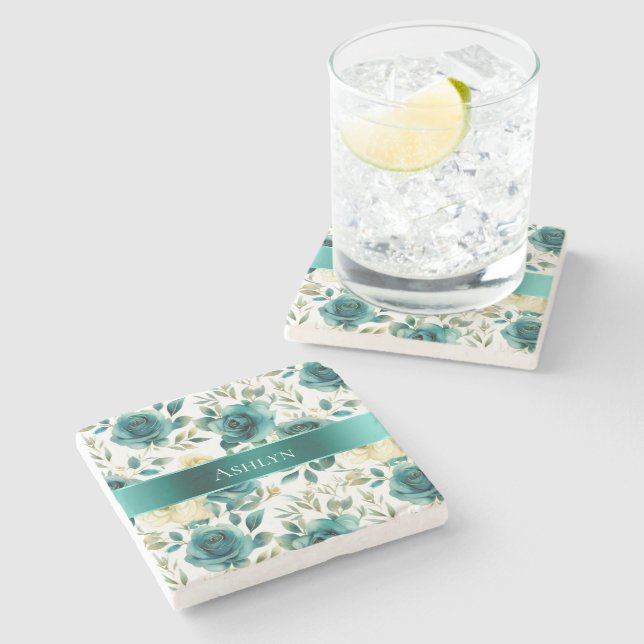 Romantic Teal Green Cream Rose Floral Stone Coaster (Side)
