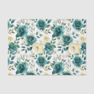 Romantic Teal Green Cream Rose Floral Tissue Paper