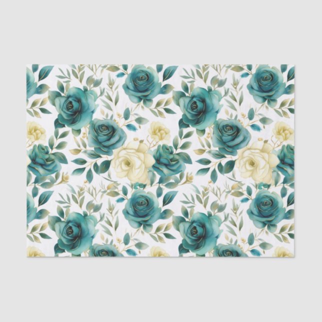 Romantic Teal Green Cream Rose Floral Tissue Paper (Front)