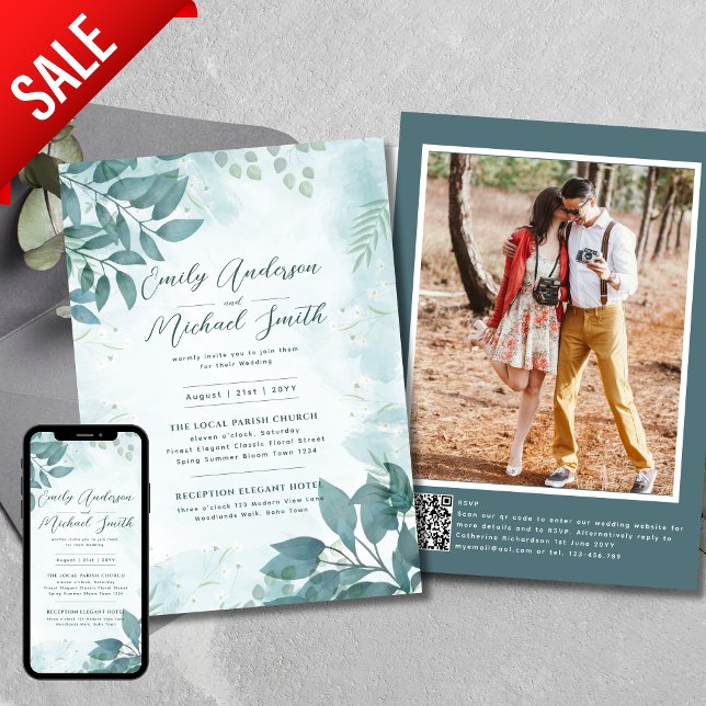 Romantic Teal Green Photo Qr Code Rsvp Wedding  Invitation (Creator Uploaded)