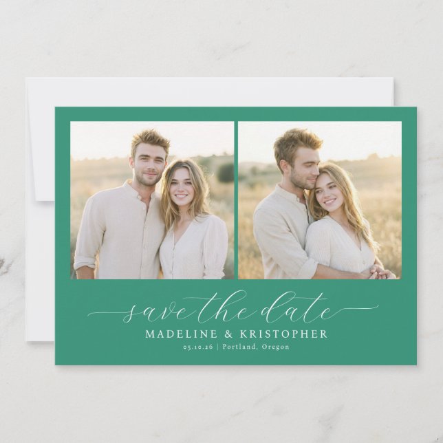 Romantic Teal Minimalist Photo Collage Save The Date (Front)