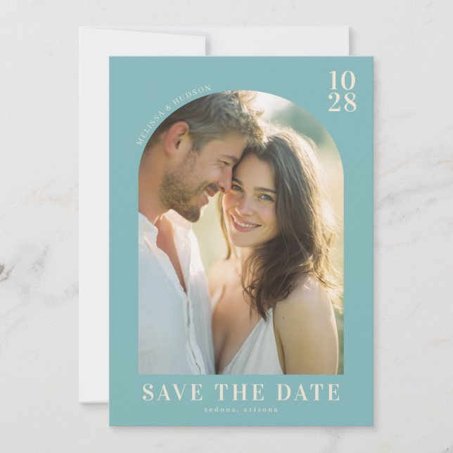 Romantic Teal Minimalist Photo Save The Date (Front)
