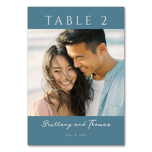 Romantic Teal Minimalist Photo Table Number (Front)