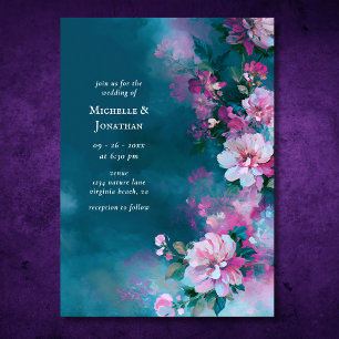 Romantic Teal Pink Flowers Floral Wedding Invitation