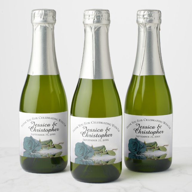 Romantic Teal Rose Elegant Wedding Thank You Mini Sparkling Wine Label (Bottles)