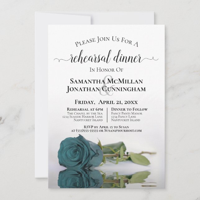 Romantic Teal Rose Wedding Rehearsal Dinner Invitation (Front)