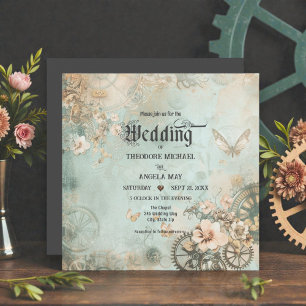 Romantic Teal Steampunk Gears Wedding Invitation
