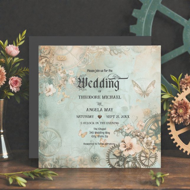 Romantic Teal Steampunk Gears Wedding Invitation (Creator Uploaded)
