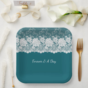 Romantic Teal White Lace Floral Wedding Paper Plate